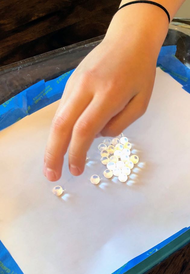 Child's hand dropping clear water beads into a glass pan with paper.