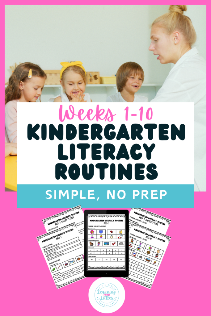 Graphic includes photo of a teacher working with a small group of young students at a table. There are also images of the Kindergarten Literacy Routines product.