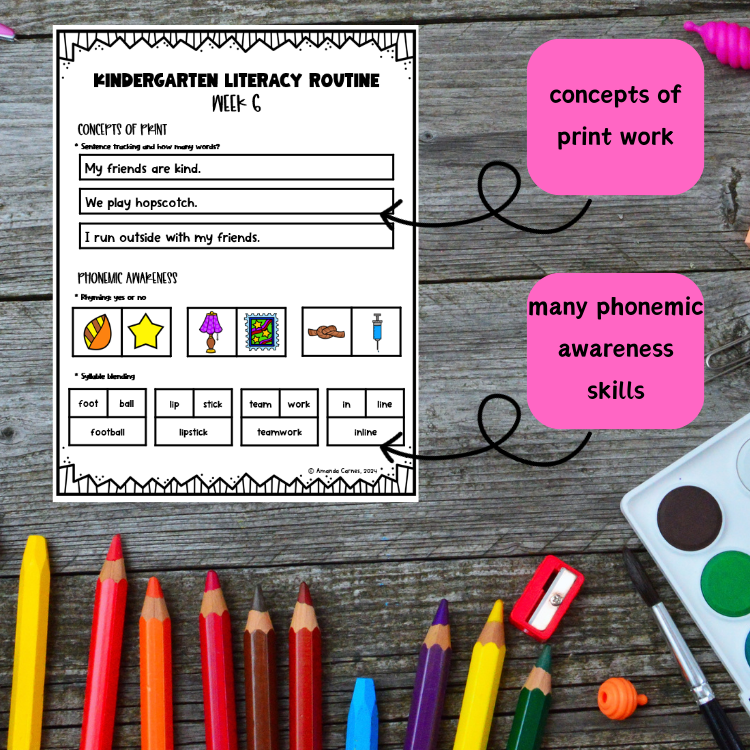 Image of a page of foundational literacy routines on a table with colored pencils and other school supplies.