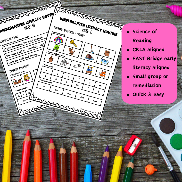 Image of 2 pages of foundational literacy routines on a table with colored pencils and other school supplies.