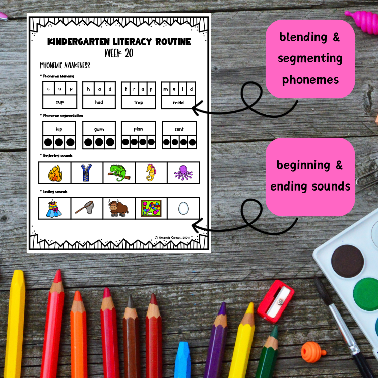 Gray wooden table top with scattered art supplies and a page from the Kindergarten Literacy Routines.