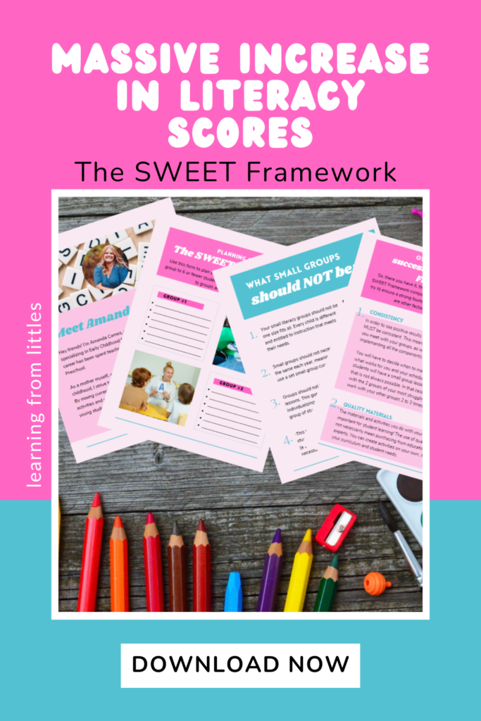 Graphic with pink and aqua background. Photo of pages from The SWEET Framework small group instruction guide scattered on a wooden table with colored pencils and other art supplies.