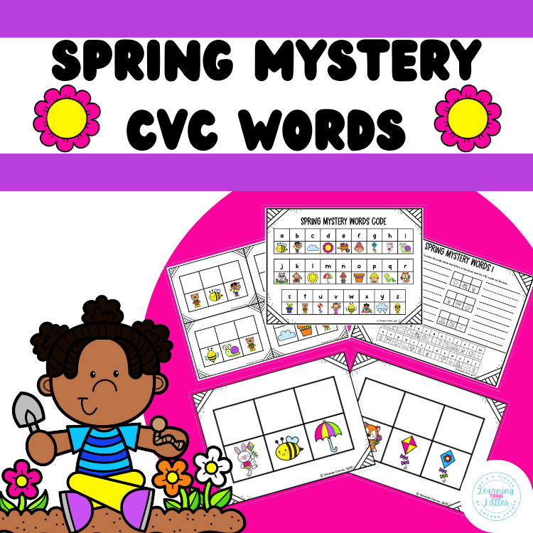 Graphic with the alphabet in tables with corresponding spring clipart pictures. Phonics CVC words decoding cards with clipart picture code showing a fox, kite, bunny with kite, bee, umbrella, and snail. There is also a worksheet with CVC word picture codes and writing lines. Clipart picture of a little girl sitting in a flower garden with a shovel in her hand.